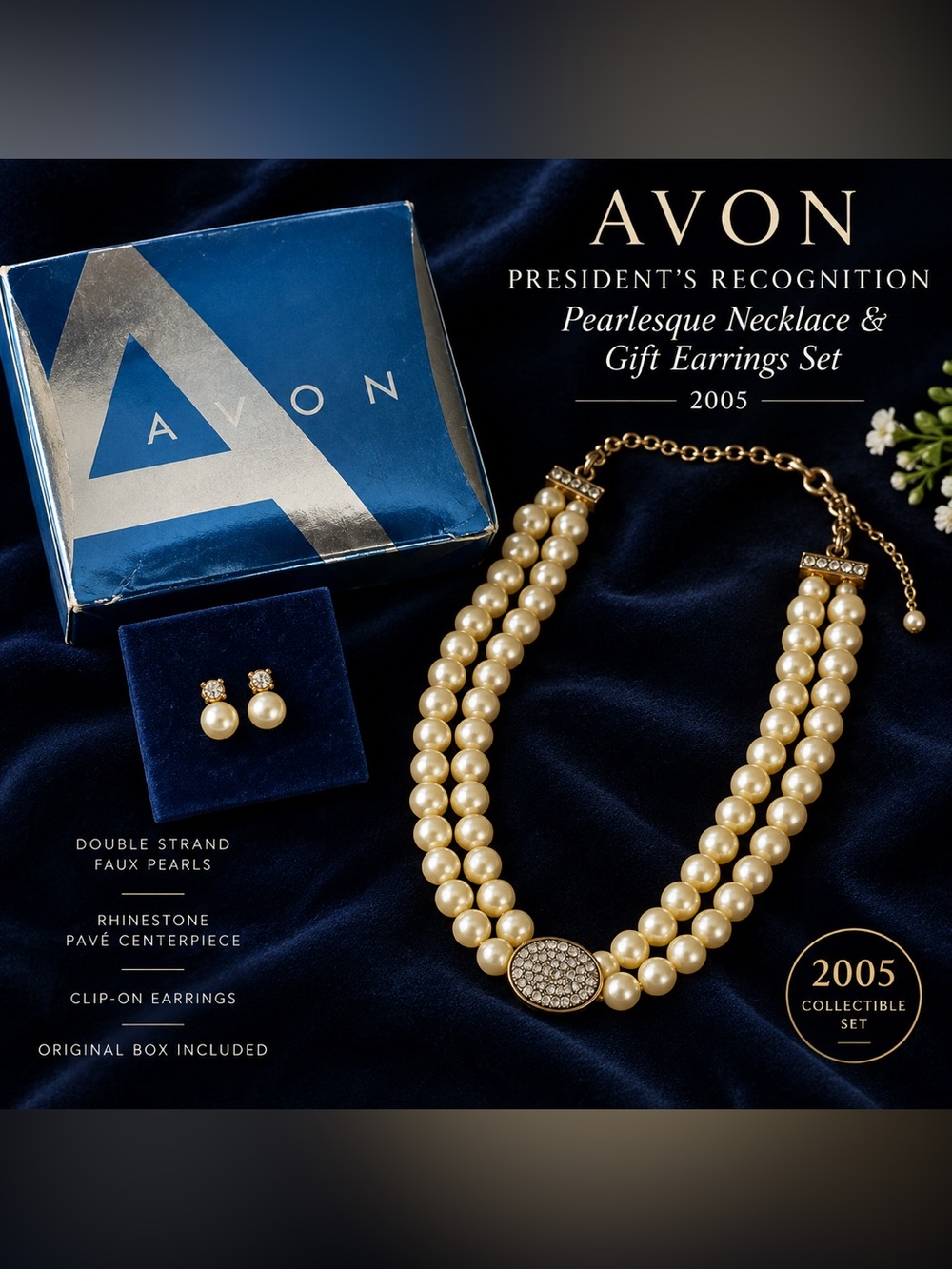 Avon 2005 President’s Recognition Pearl Necklace Earrings Set